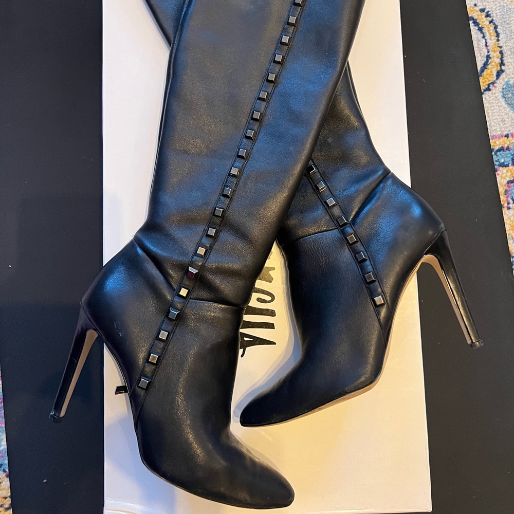 Neiman Marcus, knee-high boots, studs, zip enclosure
